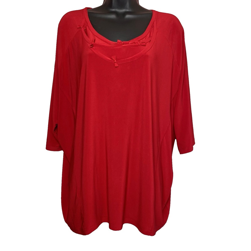 Alisha D. Oversized Short Sleeve Travel Tunic Top Red Bow Neck Size‎ Small NWT